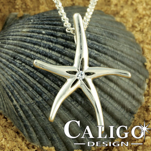 Starfish Pendant Necklace - Sterling Silver with Crystal
