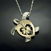 Load image into Gallery viewer, Turtle Hibiscus Pendant Necklace - Diamond and Gold - 14K tt gold  turtle jewelry sea life jewelry
