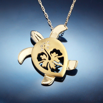 Sea turtle necklace hibiscus diamonds 14K white and yellow gold