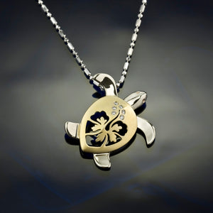 Turtle Hibiscus Pendant Necklace - Diamond and Gold14K yellow and white gold Turtle Jewelry SeaLife Jewelry