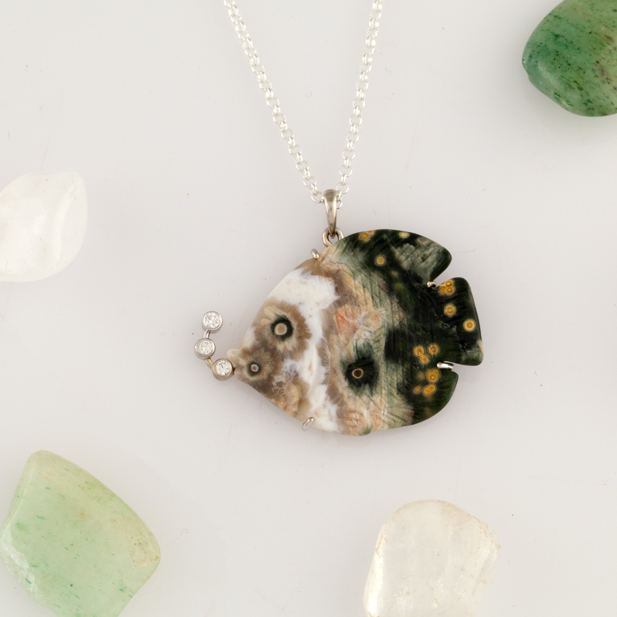 Diamond Fish Chain Fish Necklace - Gold and Diamond Agate Bubble Fish Pendant - Ocean ...