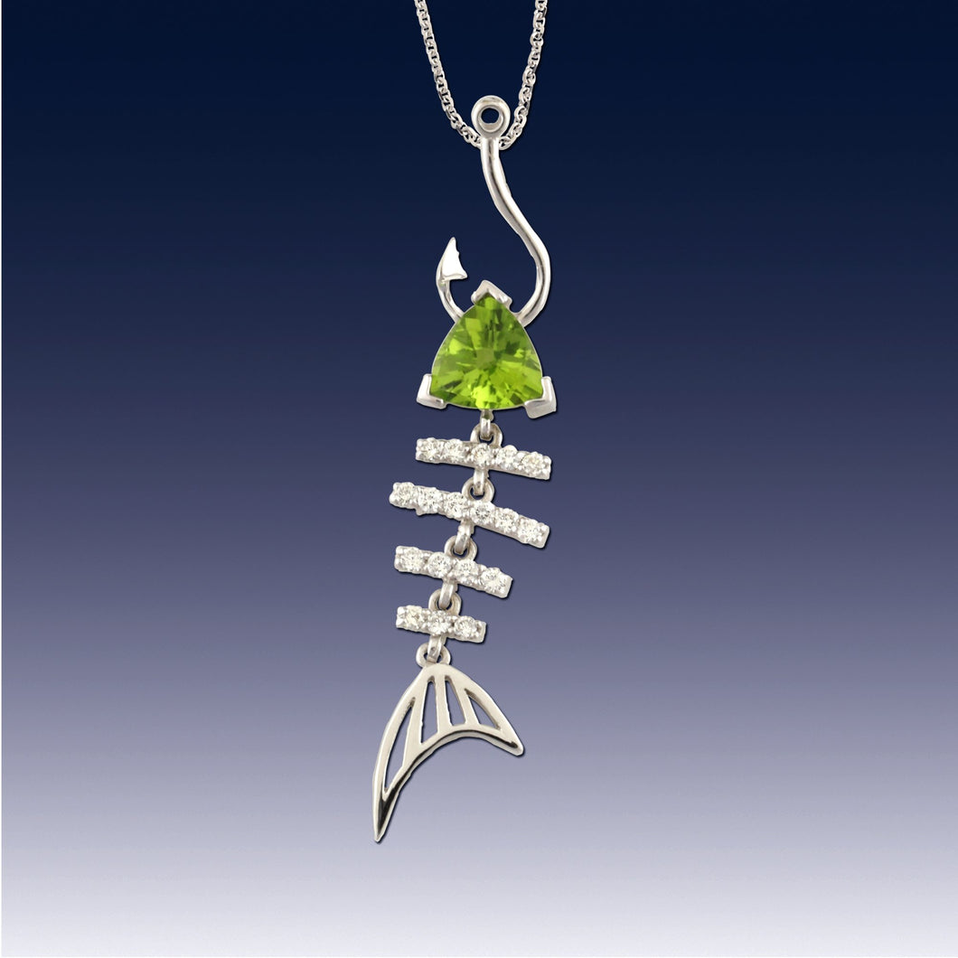 Bone Fish Necklace with Trillion Peridot and Diamonds - Fish Necklace Fish Jewelry