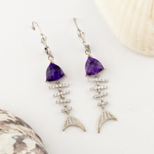 Load image into Gallery viewer, Bone Fish Diamond Earrings with trillion Amethyst stone  fish jewelry sea life jewelry
