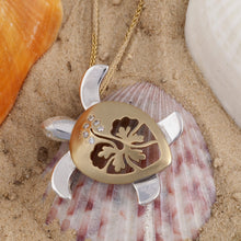 Load image into Gallery viewer, Hibiscus Turtle Pendant with Diamonds 14K TT gold sea turtle
