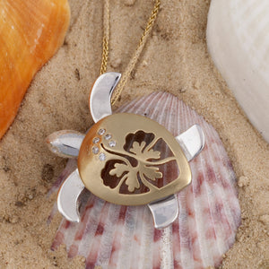 Hibiscus Turtle Pendant with Diamonds 14K TT gold sea turtle