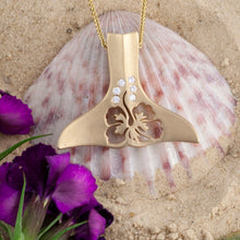 Load image into Gallery viewer, Whale Tail Necklace with Diamonds and Hibiscus flower cutout - Whale Jewelry Sea Life Jewelry
