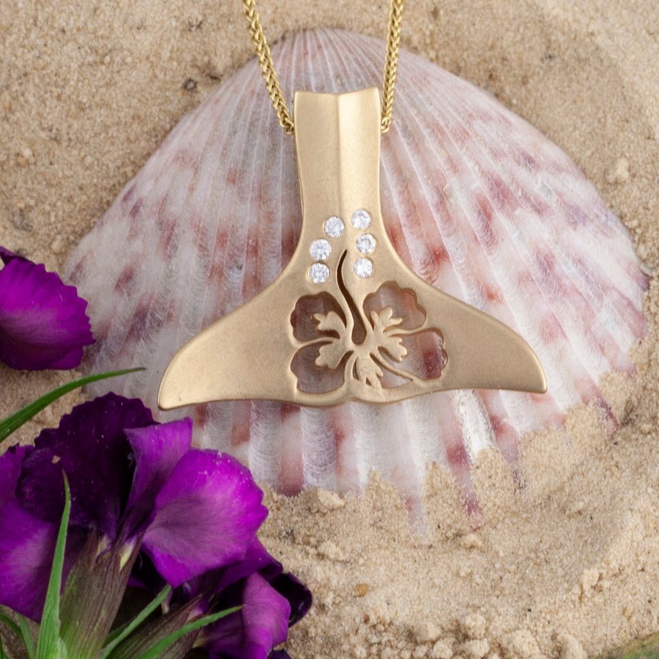Whale Tail Necklace with Diamonds and Hibiscus flower cutout - Whale Jewelry Sea Life Jewelry