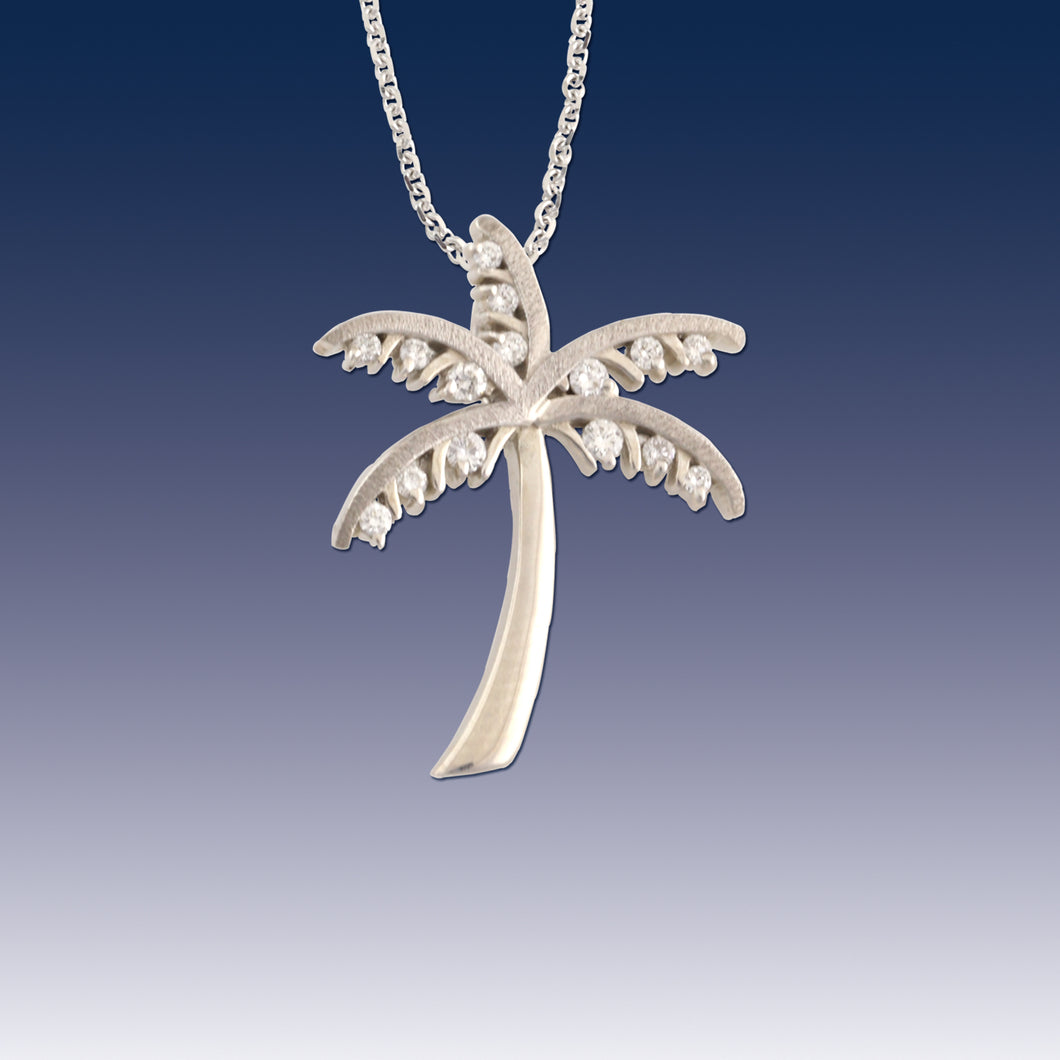 Diamond and Gold Palm tree necklace - beach jewelry - 14K white gold with diamonds - palm tree jewelry