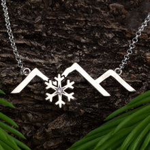 Load image into Gallery viewer, Mountain Necklace with Snowflake with crystal - Sterling Silver - Mountain Jewelry - Snowflake Jewelry - Adventure Necklace - Mountain Splendor
