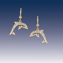 Load image into Gallery viewer, diamond dolphin earrings in 14K yellow or white gold with diamonds dolphin jewelry
