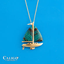 Load image into Gallery viewer, Sailboat Necklace Crysacola Inlay in 14K YG Sailboat Jewelry Nautical Jewelry
