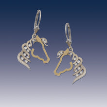Load image into Gallery viewer, horse silhouette earrings diamond and gold horse earrings horse jewelry
