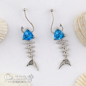 Bone Fish Diamond Earrings with trillion Blue topaz stone  fish jewelry sea life jewelry