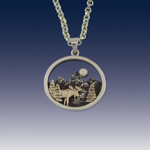 Load image into Gallery viewer, Mountain Necklace with moose, trees and Moon - sterling silver with 10K YG and crystal moose jewelry mountain Jewelry
