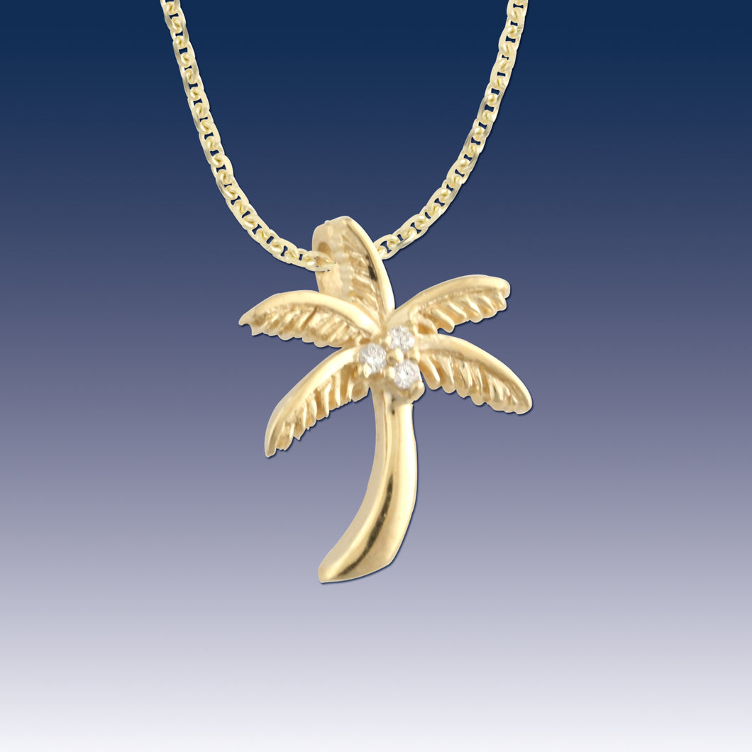 Palm tree necklace 3 diamond coconut palm tree pendant 14K gold with diamonds
