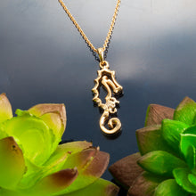 Load image into Gallery viewer, Diamond Seahorse and baby necklace seahorse pendant 14K gold seahorse with diamond baby seahorse seahorse jewelry

