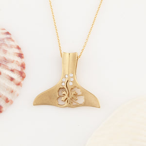 Whale Tail Necklace with Diamonds and Hibiscus flower cutout - Whale Jewelry Sea Life Jewelry