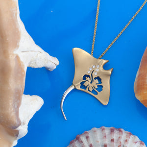 manta ray necklace - 14K yellow and white gold with diamonds with hibiscus cut out - manta ray jewelry sea life jewelry