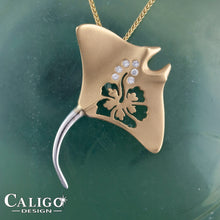 Load image into Gallery viewer, manta ray necklace - 14K yellow and white gold with diamonds with hibiscus cut out - manta ray jewelry sea life jewelry

