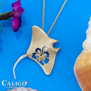 manta ray necklace - 14K yellow and white gold with diamonds with hibiscus cut out - manta ray jewelry sea life jewelry