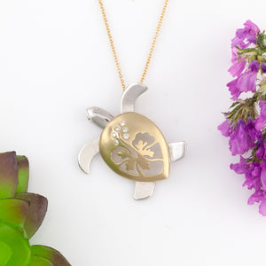 Hibiscus Turtle Pendant with Diamonds 14K TT gold sea turtle