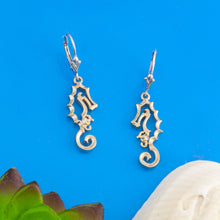 Load image into Gallery viewer, Seahorse and baby earrings with diamond seahorse jewelry leverback earrings

