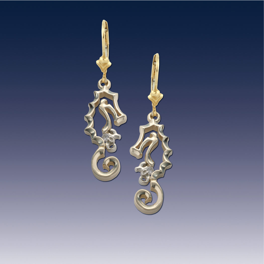 Seahorse and baby earrings with diamond seahorse jewelry leverback earrings