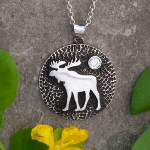Moose Pendant Necklace - Moose disk necklace Sterling silver moose jewelry moose necklace wild life necklace