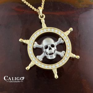 Pirate Pendant Necklace - Skull and Captain Wheel - Danger Ahead - 14K TT gold diamonds 