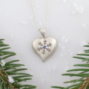 snowflake necklace heart necklace snowflake heart with blue sapphire sterling silver snowflake jewelry