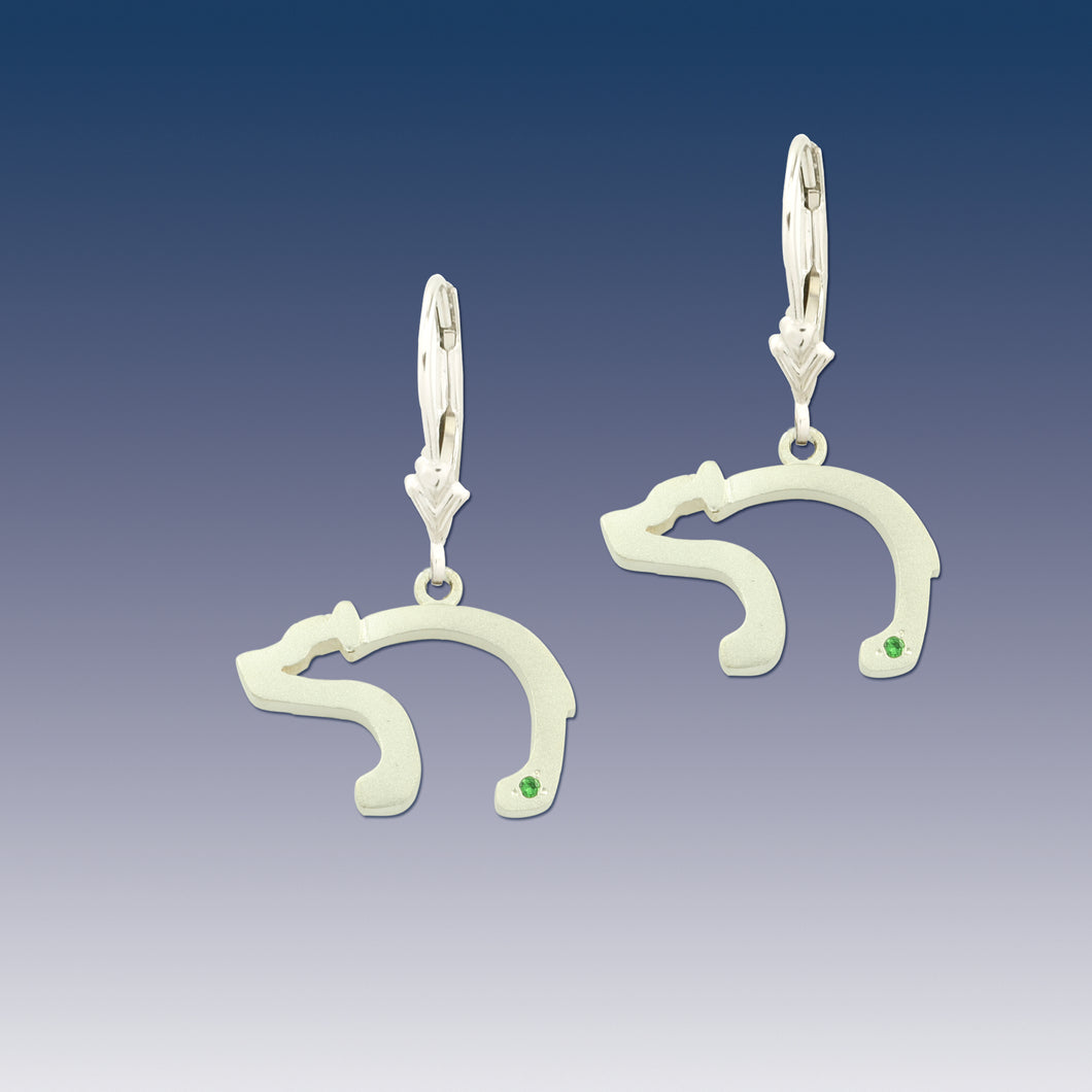 bear silhouette earrings with green crystal leverbacks bear earrings