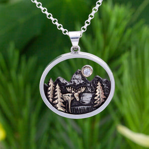 Mountain Necklace with moose, trees and Moon - sterling silver with 10K YG and crystal moose jewelry mountain Jewelry