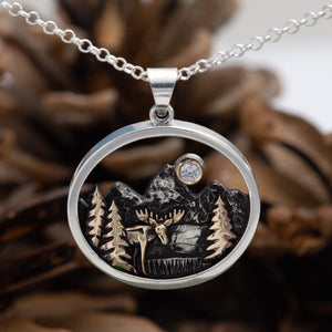 Mountain Necklace with moose, trees and Moon - sterling silver with 10K YG and crystal moose jewelry mountain Jewelry