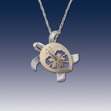 Load image into Gallery viewer, Hibiscus Turtle Pendant with Diamonds 14K TT gold sea turtle
