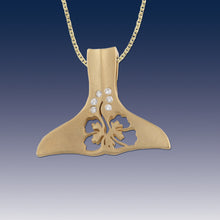 Load image into Gallery viewer, Whale Tail Necklace with Diamonds and Hibiscus flower cutout - Whale Jewelry Sea Life Jewelry
