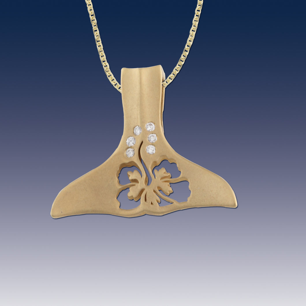 Whale Tail Necklace with Diamonds and Hibiscus flower cutout - Whale Jewelry Sea Life Jewelry